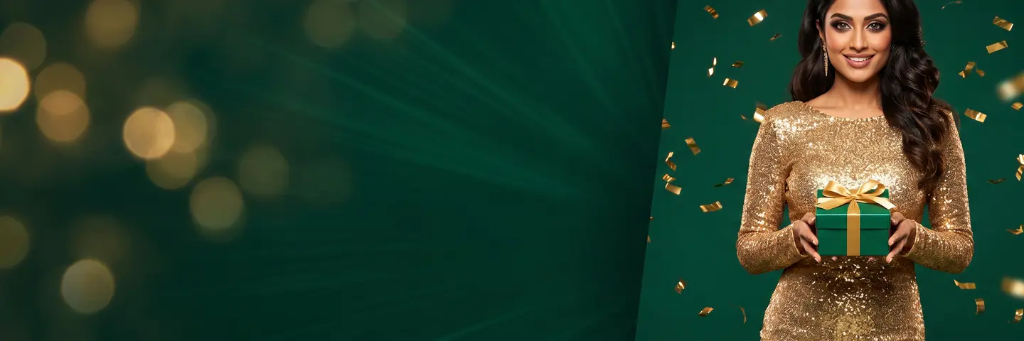 Woman in a gold sequin dress holding a green gift box – KU9 first deposit bonus